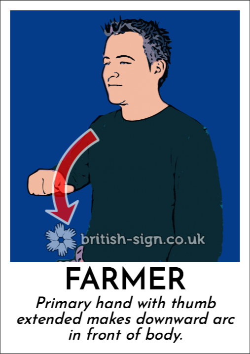 Farmer: Primary hand with thumb extended makes downward arc in front of body.